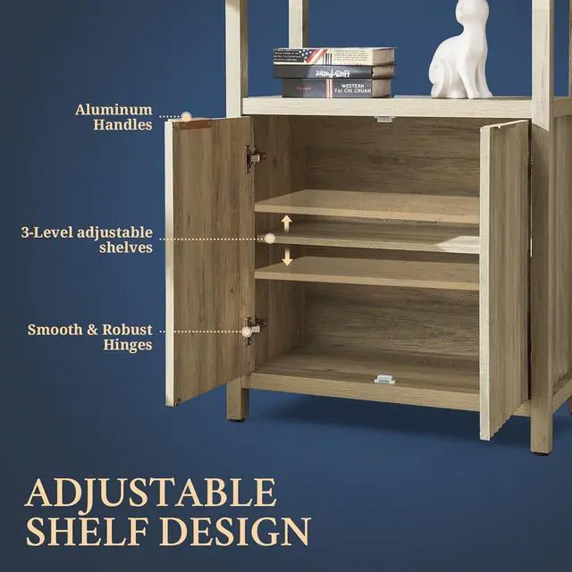 Alt view image 3 of 7 - Oxford Bookshelf, Tall Book Shelf with Doors Cabinet, 5-Tier Bookcase, Wooden Bookshelves with Fluted Panel, Large Bookcases with Storage for Living Room Bedroom (Sunwashed Ash Oak, 1PCS)