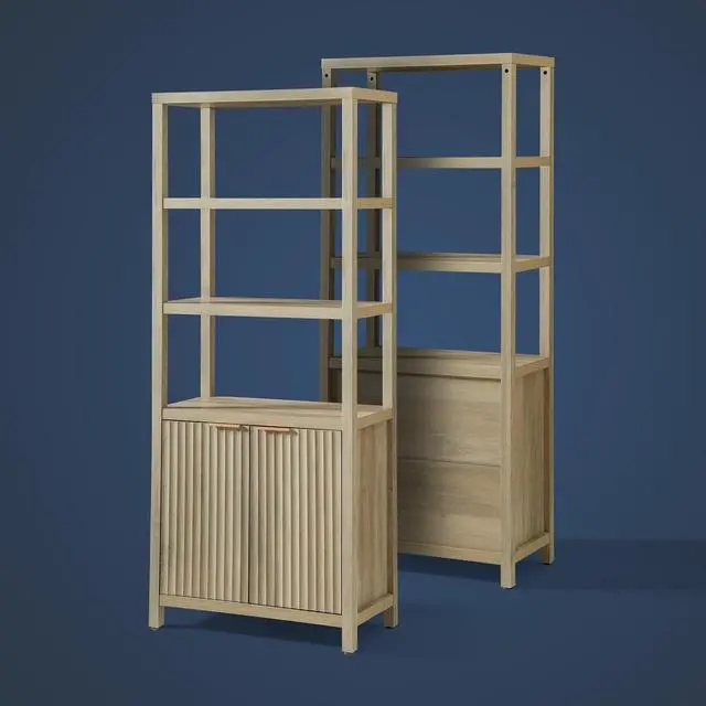 Alt view image 6 of 7 - Oxford Bookshelf, Tall Book Shelf with Doors Cabinet, 5-Tier Bookcase, Wooden Bookshelves with Fluted Panel, Large Bookcases with Storage for Living Room Bedroom (Sunwashed Ash Oak, 1PCS)
