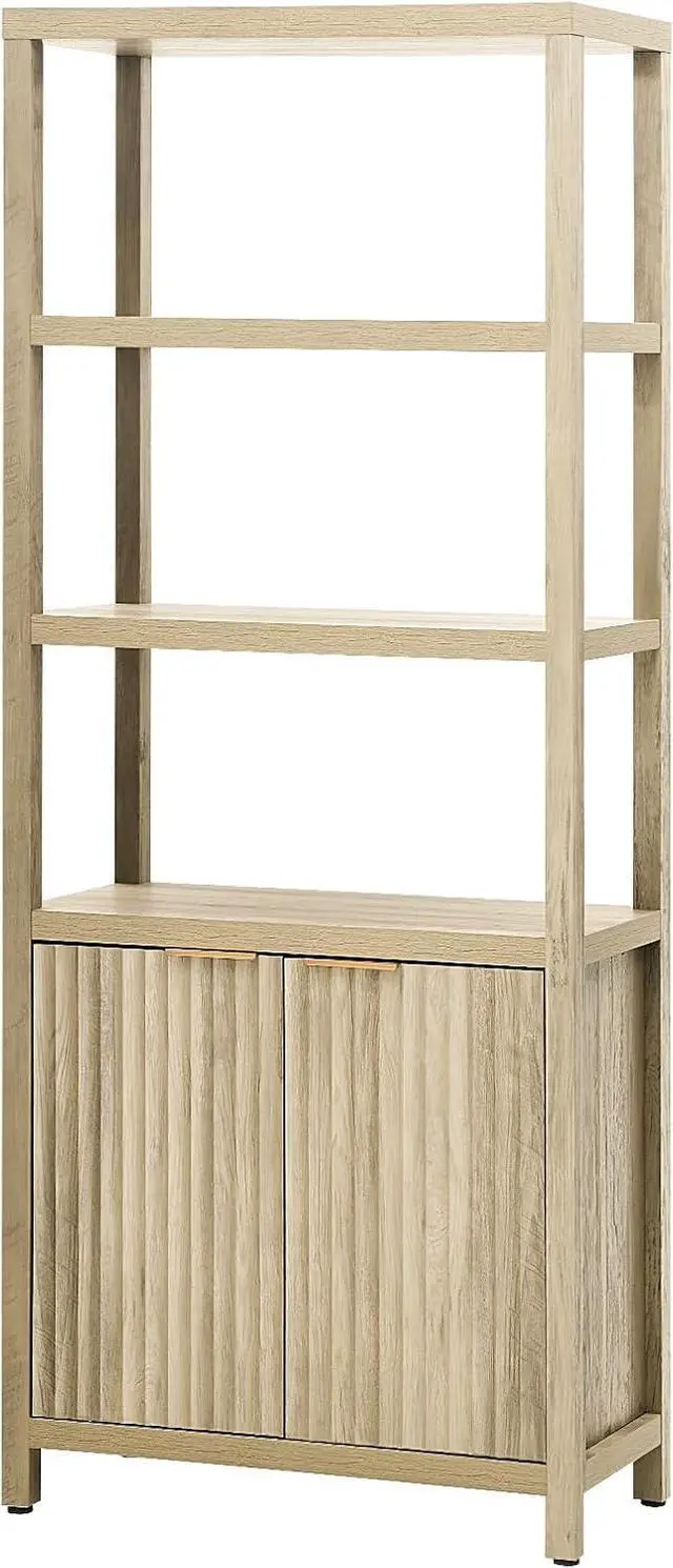 Alt view image 7 of 7 - Oxford Bookshelf, Tall Book Shelf with Doors Cabinet, 5-Tier Bookcase, Wooden Bookshelves with Fluted Panel, Large Bookcases with Storage for Living Room Bedroom (Sunwashed Ash Oak, 1PCS)