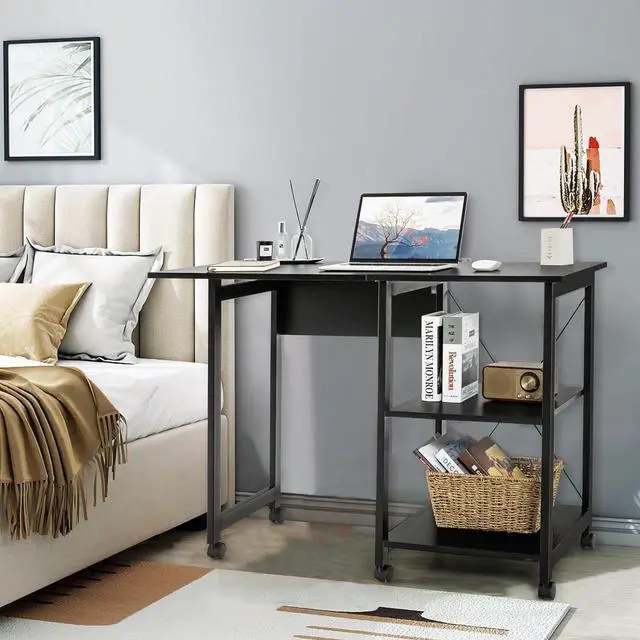 Alt view image 5 of 7 - Tangkula Folding Computer Desk, Modern Writing Table w/ 2-Tier Storage Shelves, PC Laptop Study Table Workstation w/ 6 Wheels, Space Saving Compact Home Office Desk for Small Apartment (Black)