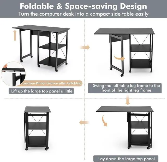 Alt view image 6 of 7 - Tangkula Folding Computer Desk, Modern Writing Table w/ 2-Tier Storage Shelves, PC Laptop Study Table Workstation w/ 6 Wheels, Space Saving Compact Home Office Desk for Small Apartment (Black)