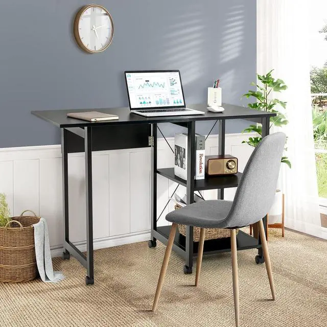 Alt view image 2 of 7 - Tangkula Folding Computer Desk, Modern Writing Table w/ 2-Tier Storage Shelves, PC Laptop Study Table Workstation w/ 6 Wheels, Space Saving Compact Home Office Desk for Small Apartment (Black)
