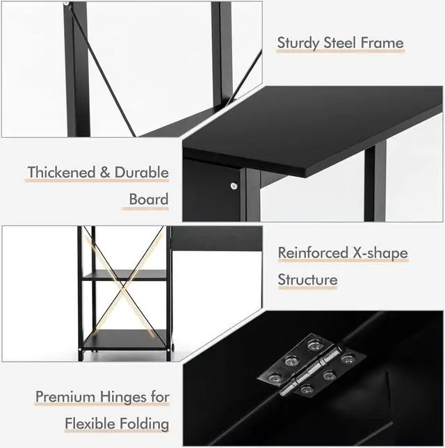 Alt view image 7 of 7 - Tangkula Folding Computer Desk, Modern Writing Table w/ 2-Tier Storage Shelves, PC Laptop Study Table Workstation w/ 6 Wheels, Space Saving Compact Home Office Desk for Small Apartment (Black)