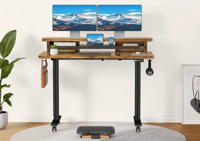 Alt view image 2 of 7 - Electric Standing Desk with Dual Monitor Stand, Height Adjustable Desk Sit Stand Desk with Memory Controller, Casters & 2 Hooks, Low Noise Home Office Desk (Rustic Brown, 48" x 24")