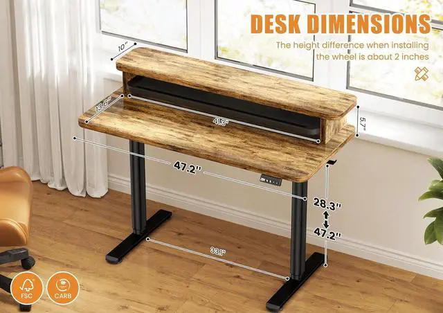 Alt view image 3 of 7 - Electric Standing Desk with Dual Monitor Stand, Height Adjustable Desk Sit Stand Desk with Memory Controller, Casters & 2 Hooks, Low Noise Home Office Desk (Rustic Brown, 48" x 24")