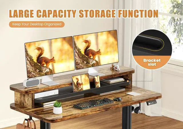 Alt view image 4 of 7 - Electric Standing Desk with Dual Monitor Stand, Height Adjustable Desk Sit Stand Desk with Memory Controller, Casters & 2 Hooks, Low Noise Home Office Desk (Rustic Brown, 48" x 24")