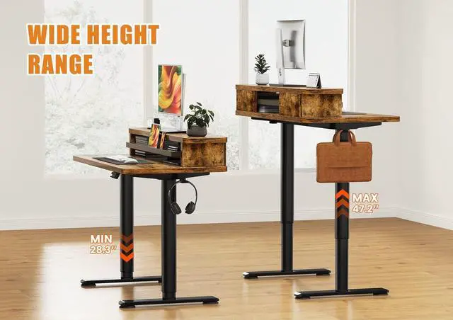 Alt view image 5 of 7 - Electric Standing Desk with Dual Monitor Stand, Height Adjustable Desk Sit Stand Desk with Memory Controller, Casters & 2 Hooks, Low Noise Home Office Desk (Rustic Brown, 48" x 24")