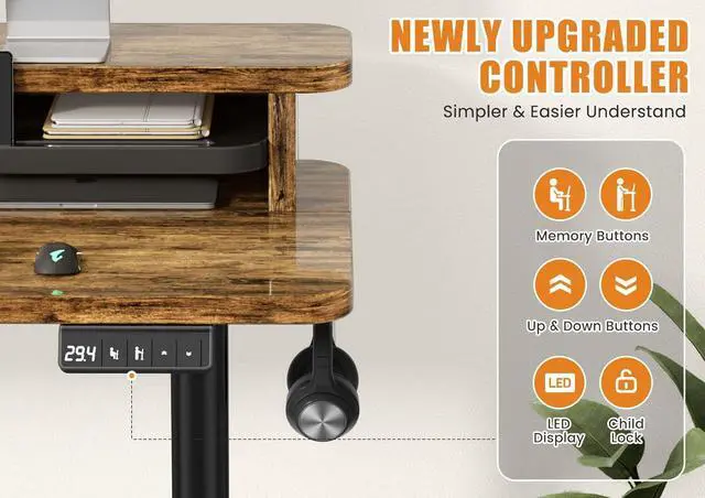Alt view image 6 of 7 - Electric Standing Desk with Dual Monitor Stand, Height Adjustable Desk Sit Stand Desk with Memory Controller, Casters & 2 Hooks, Low Noise Home Office Desk (Rustic Brown, 48" x 24")
