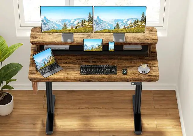 Alt view image 7 of 7 - Electric Standing Desk with Dual Monitor Stand, Height Adjustable Desk Sit Stand Desk with Memory Controller, Casters & 2 Hooks, Low Noise Home Office Desk (Rustic Brown, 48" x 24")
