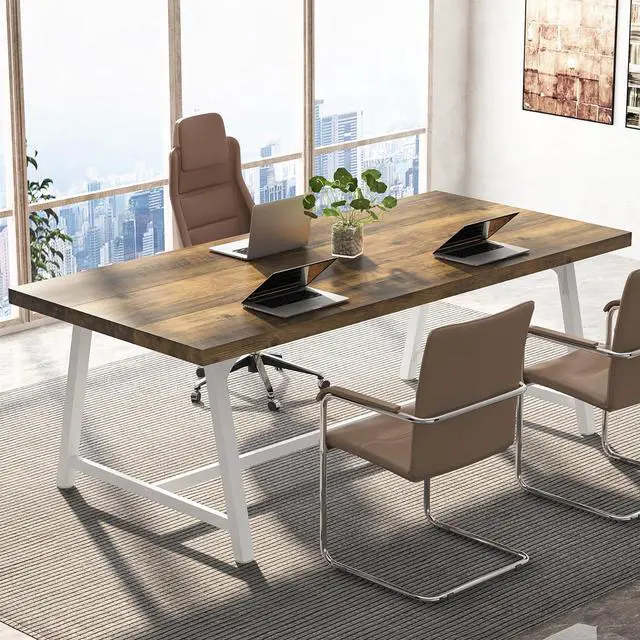 Alt view image 3 of 7 - Tribesigns 6FT Rectangle Conference Table, 70.87L x 33.46W x 29.92H Inches Meeting Table for Conference Room, Vintage Wood Office Executive Desk with Strong Metal Frame for 6 People (Oak)