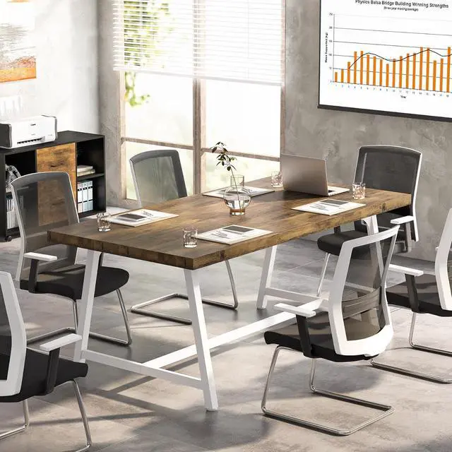 Alt view image 4 of 7 - Tribesigns 6FT Rectangle Conference Table, 70.87L x 33.46W x 29.92H Inches Meeting Table for Conference Room, Vintage Wood Office Executive Desk with Strong Metal Frame for 6 People (Oak)