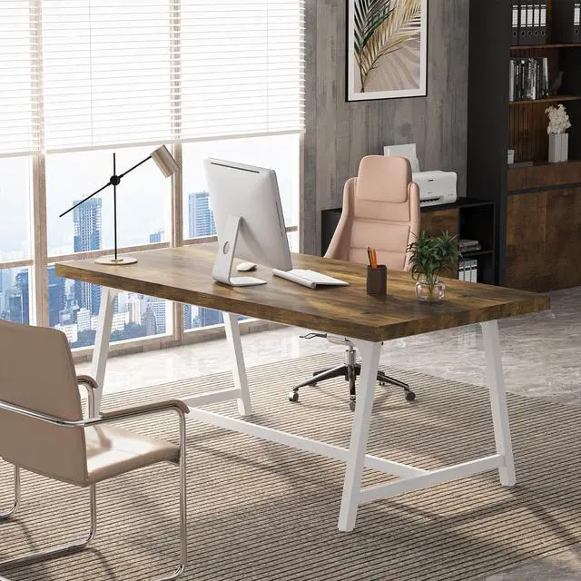 Alt view image 5 of 7 - Tribesigns 6FT Rectangle Conference Table, 70.87L x 33.46W x 29.92H Inches Meeting Table for Conference Room, Vintage Wood Office Executive Desk with Strong Metal Frame for 6 People (Oak)