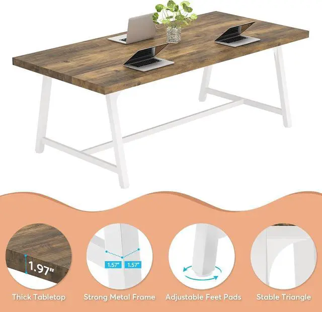 Alt view image 7 of 7 - Tribesigns 6FT Rectangle Conference Table, 70.87L x 33.46W x 29.92H Inches Meeting Table for Conference Room, Vintage Wood Office Executive Desk with Strong Metal Frame for 6 People (Oak)