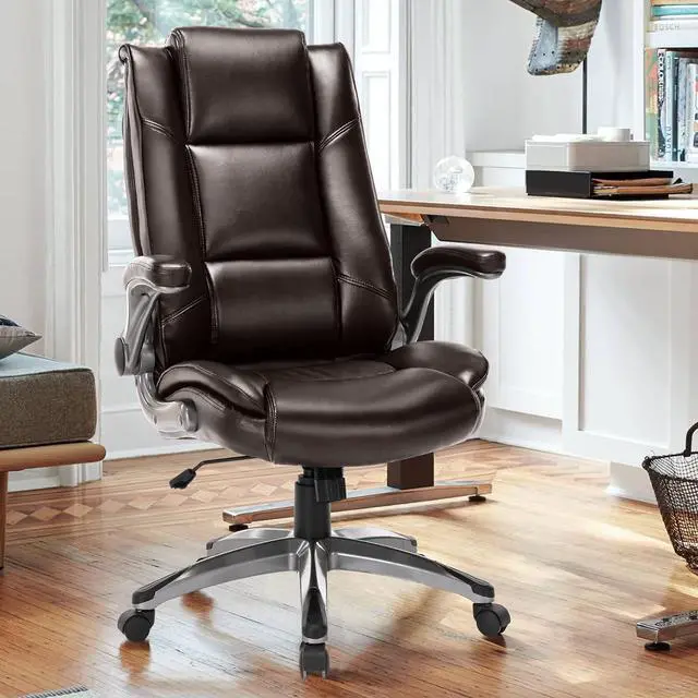 Alt view image 2 of 7 - Executive Office Chair High Back-Ergonomic Desk Chair Bonded Leather Computer Chair with Flip-up Arms, Adjustable Tilt Tension, Padded Armrests, Swivel Rolling Home Office Desk Chair-Brown, 300lbs