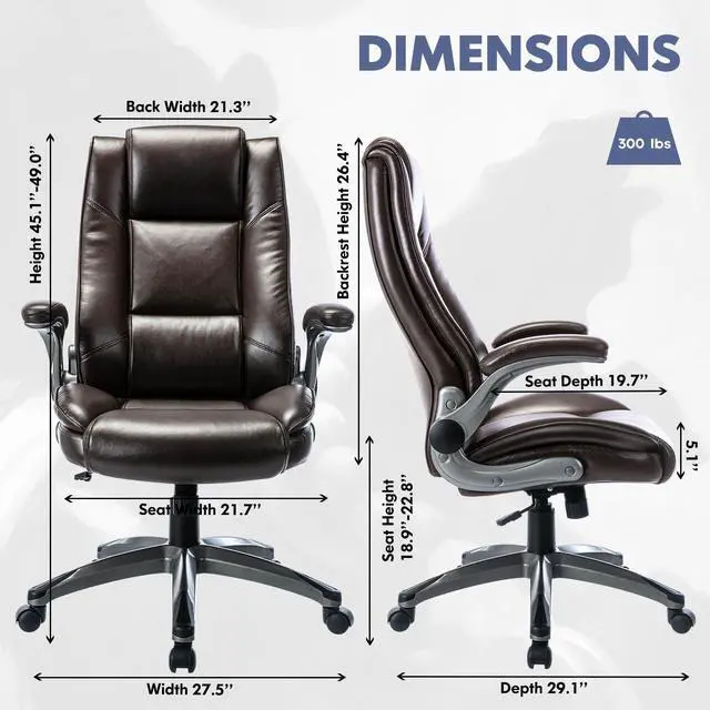 Alt view image 3 of 7 - Executive Office Chair High Back-Ergonomic Desk Chair Bonded Leather Computer Chair with Flip-up Arms, Adjustable Tilt Tension, Padded Armrests, Swivel Rolling Home Office Desk Chair-Brown, 300lbs