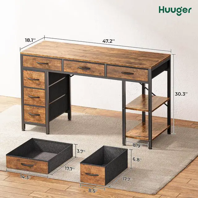 Alt view image 3 of 7 - Huuger Computer Desk with 6 Drawers, 47 Inch Office Desk with Shelves, Reversible Gaming Desk, Corner Desk with Storage, Work Desk for Home Office, Study, Living Room, Rustic Brown