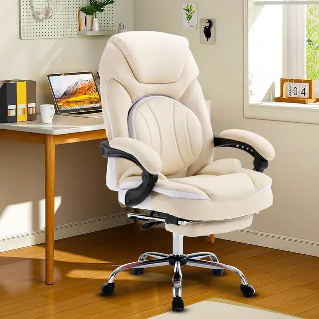 Alt view image 2 of 7 - 350lbs Ergonomic Reclining Executive Office Chairs with Footrest Back Support for Women Wide Seat Comfortable Padded Recliner Desk Chairs Managerial Executive Chairs, Beige