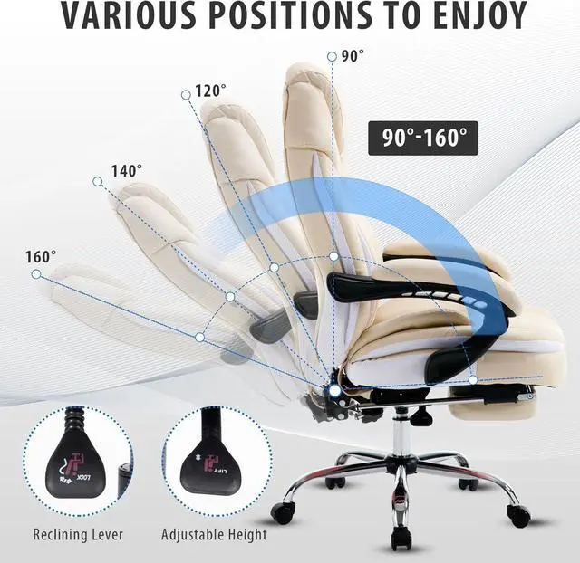 Alt view image 4 of 7 - 350lbs Ergonomic Reclining Executive Office Chairs with Footrest Back Support for Women Wide Seat Comfortable Padded Recliner Desk Chairs Managerial Executive Chairs, Beige