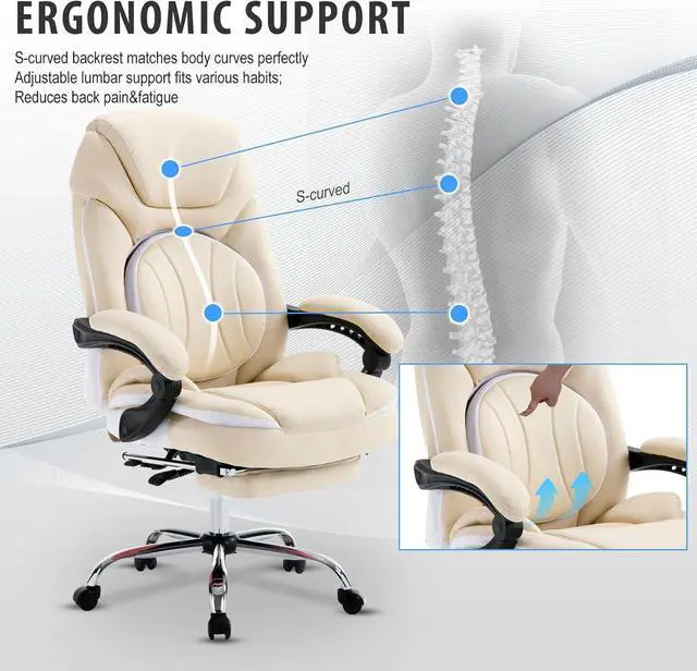 Alt view image 5 of 7 - 350lbs Ergonomic Reclining Executive Office Chairs with Footrest Back Support for Women Wide Seat Comfortable Padded Recliner Desk Chairs Managerial Executive Chairs, Beige