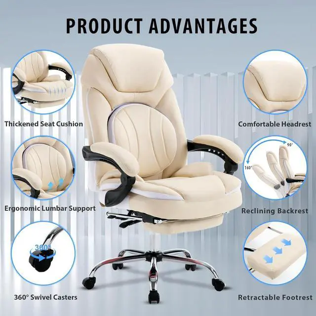 Alt view image 6 of 7 - 350lbs Ergonomic Reclining Executive Office Chairs with Footrest Back Support for Women Wide Seat Comfortable Padded Recliner Desk Chairs Managerial Executive Chairs, Beige
