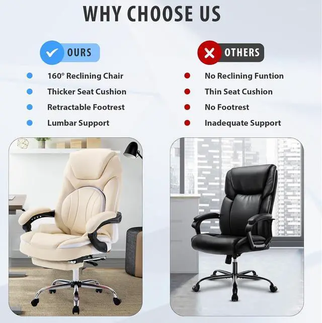 Alt view image 7 of 7 - 350lbs Ergonomic Reclining Executive Office Chairs with Footrest Back Support for Women Wide Seat Comfortable Padded Recliner Desk Chairs Managerial Executive Chairs, Beige
