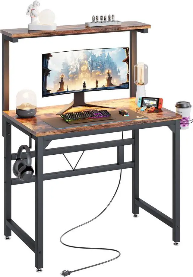 Main image of TREETALK Gaming Desk with Power Outlets & LED Strip Lights,80CM Industrial Writing Desk with Adjustable Monitor Stand, Cupholder and Headphone Hook for Home Office Rustic Brown