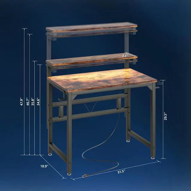 Alt view image 3 of 7 - TREETALK Gaming Desk with Power Outlets & LED Strip Lights,80CM Industrial Writing Desk with Adjustable Monitor Stand, Cupholder and Headphone Hook for Home Office Rustic Brown