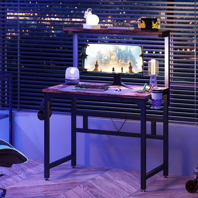 Alt view image 2 of 7 - TREETALK Gaming Desk with Power Outlets & LED Strip Lights,80CM Industrial Writing Desk with Adjustable Monitor Stand, Cupholder and Headphone Hook for Home Office Rustic Brown
