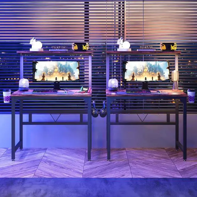 Alt view image 4 of 7 - TREETALK Gaming Desk with Power Outlets & LED Strip Lights,80CM Industrial Writing Desk with Adjustable Monitor Stand, Cupholder and Headphone Hook for Home Office Rustic Brown