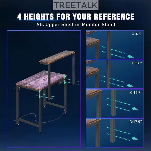 Alt view image 5 of 7 - TREETALK Gaming Desk with Power Outlets & LED Strip Lights,80CM Industrial Writing Desk with Adjustable Monitor Stand, Cupholder and Headphone Hook for Home Office Rustic Brown