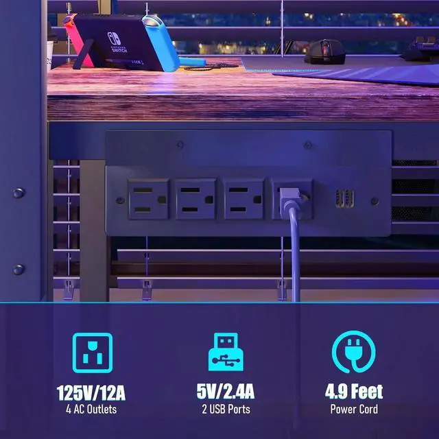 Alt view image 7 of 7 - TREETALK Gaming Desk with Power Outlets & LED Strip Lights,80CM Industrial Writing Desk with Adjustable Monitor Stand, Cupholder and Headphone Hook for Home Office Rustic Brown