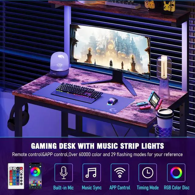 Alt view image 6 of 7 - TREETALK Gaming Desk with Power Outlets & LED Strip Lights,80CM Industrial Writing Desk with Adjustable Monitor Stand, Cupholder and Headphone Hook for Home Office Rustic Brown