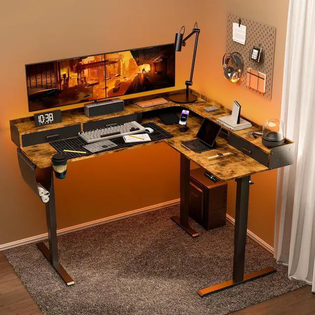 Alt view image 2 of 7 - 63 Inches Height Adjustable L Shaped Standing Desk with 3 Drawers and Monitor Shelf, Electric Corner Comupter Desk, Sit Stand up Home Office Desk, Ergonomic Gaming Desk, Rustic Brown