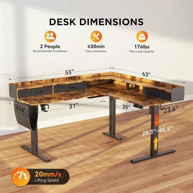 Alt view image 3 of 7 - 63 Inches Height Adjustable L Shaped Standing Desk with 3 Drawers and Monitor Shelf, Electric Corner Comupter Desk, Sit Stand up Home Office Desk, Ergonomic Gaming Desk, Rustic Brown