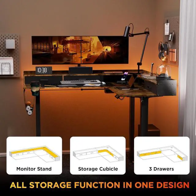 Alt view image 4 of 7 - 63 Inches Height Adjustable L Shaped Standing Desk with 3 Drawers and Monitor Shelf, Electric Corner Comupter Desk, Sit Stand up Home Office Desk, Ergonomic Gaming Desk, Rustic Brown