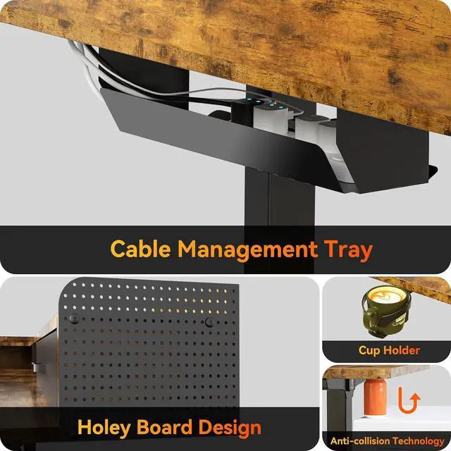 Alt view image 7 of 7 - 63 Inches Height Adjustable L Shaped Standing Desk with 3 Drawers and Monitor Shelf, Electric Corner Comupter Desk, Sit Stand up Home Office Desk, Ergonomic Gaming Desk, Rustic Brown