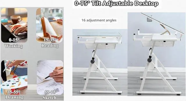 Alt view image 3 of 7 - Glass Drafting Table Art Desk  Adjustable Professhional Artwork Drawing Drafting Table Desk, Glass-Topped Art Table for Craft Station Studio Home Office School w/Drawers/Chair (White)