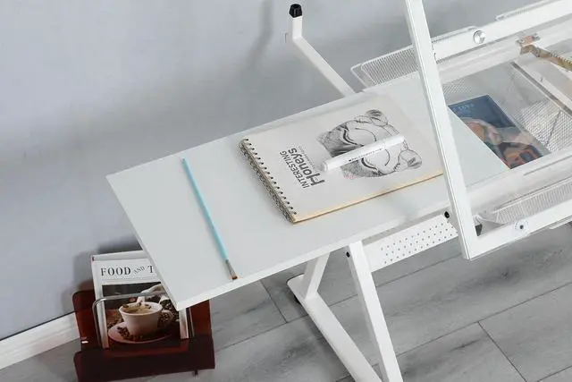 Alt view image 7 of 7 - Glass Drafting Table Art Desk  Adjustable Professhional Artwork Drawing Drafting Table Desk, Glass-Topped Art Table for Craft Station Studio Home Office School w/Drawers/Chair (White)