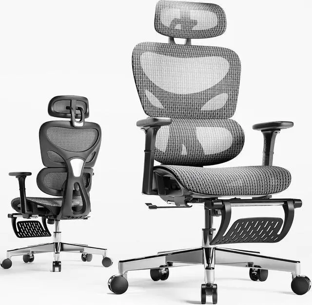 Main image of Huuger Ergonomic Office Chair with Footrest, Mesh Office Chair with Multi-tilt Angle Backrest, Comfortable Gaming Chair with Adjustable Lumbar Support, Headrest, 3D Armrest, Large Base, Grey and Black