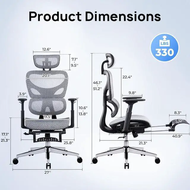 Alt view image 2 of 7 - Huuger Ergonomic Office Chair with Footrest, Mesh Office Chair with Multi-tilt Angle Backrest, Comfortable Gaming Chair with Adjustable Lumbar Support, Headrest, 3D Armrest, Large Base, Grey and Black