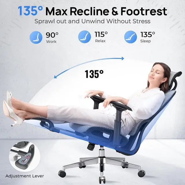 Alt view image 3 of 7 - Huuger Ergonomic Office Chair with Footrest, Mesh Office Chair with Multi-tilt Angle Backrest, Comfortable Gaming Chair with Adjustable Lumbar Support, Headrest, 3D Armrest, Large Base, Grey and Black