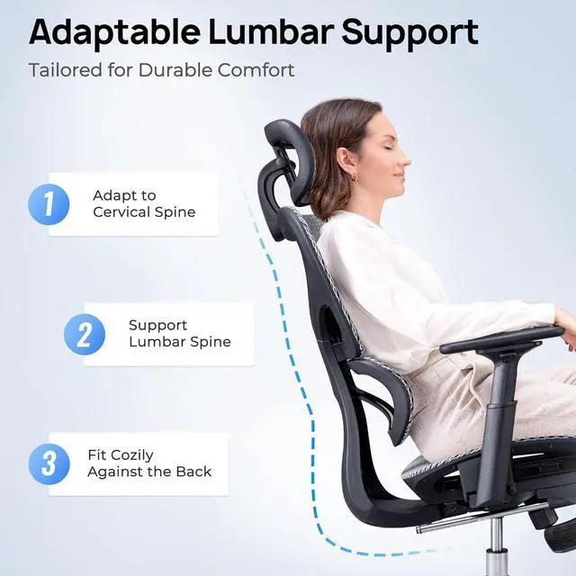 Alt view image 5 of 7 - Huuger Ergonomic Office Chair with Footrest, Mesh Office Chair with Multi-tilt Angle Backrest, Comfortable Gaming Chair with Adjustable Lumbar Support, Headrest, 3D Armrest, Large Base, Grey and Black