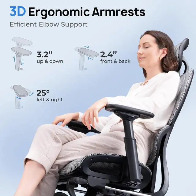 Alt view image 6 of 7 - Huuger Ergonomic Office Chair with Footrest, Mesh Office Chair with Multi-tilt Angle Backrest, Comfortable Gaming Chair with Adjustable Lumbar Support, Headrest, 3D Armrest, Large Base, Grey and Black