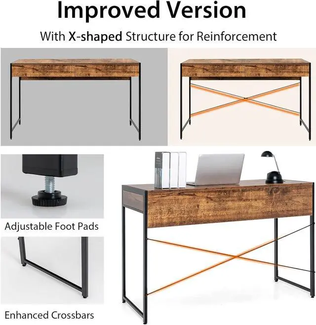 Alt view image 6 of 7 - Tangkula Industrial Computer Desk with 2 Drawers, Simple Study Writing Desk with Drawers, 44 Inches Laptop PC Workstation, Student Desk Home Office Desk Ideal for Bedroom & Office (Rustic Brown)