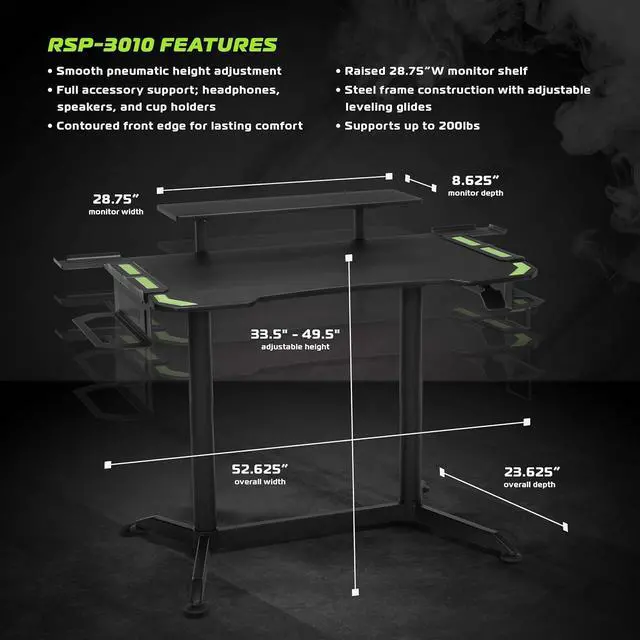 Alt view image 5 of 7 - RESPAWN RSP-3010 Computer Ergonomic Gaming Desk, Height Adjustable 52.6 in, Green