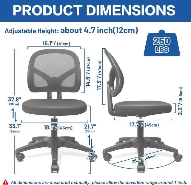 Alt view image 2 of 6 - Armless Swivel Mesh Computer Office Desk Chair No Arms Height Adjustable with Lumber Support for Child and Adult