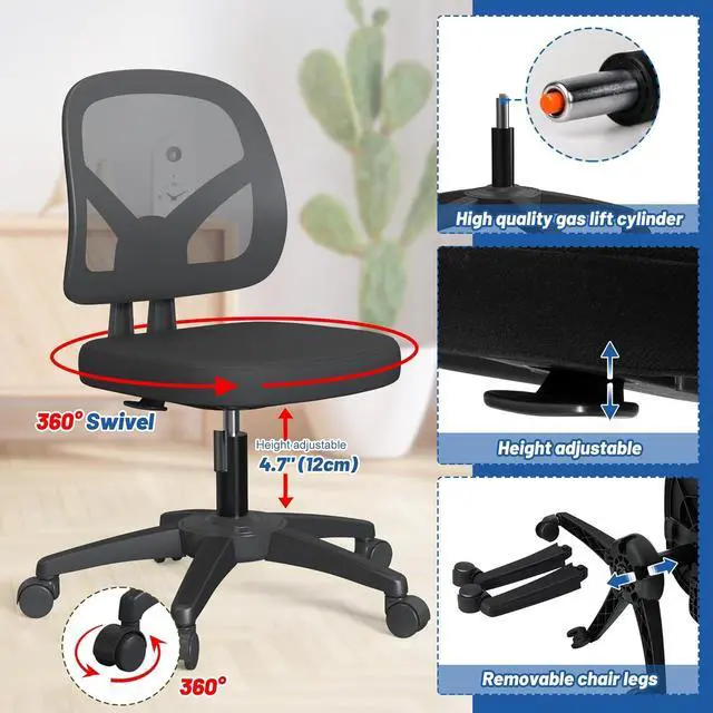 Alt view image 5 of 6 - Armless Swivel Mesh Computer Office Desk Chair No Arms Height Adjustable with Lumber Support for Child and Adult