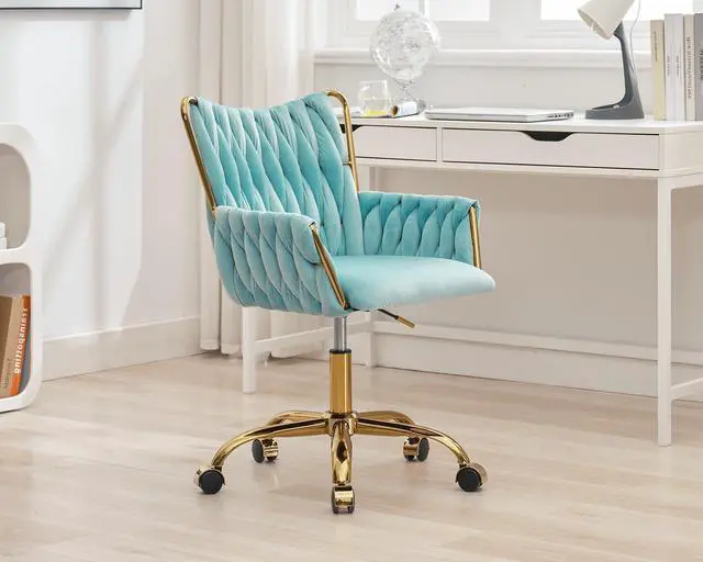 Alt view image 2 of 7 - KCC Modern Velvet Home Office Desk Chair with Hand Woven Backrest, Upholstered Adjustable Makeup Vanity Chair with Armrest and Golden Metal Base with Wheels for Living Room Bedroom Study(Bule)