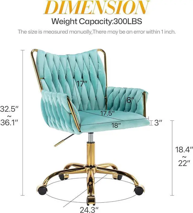 Alt view image 3 of 7 - KCC Modern Velvet Home Office Desk Chair with Hand Woven Backrest, Upholstered Adjustable Makeup Vanity Chair with Armrest and Golden Metal Base with Wheels for Living Room Bedroom Study(Bule)