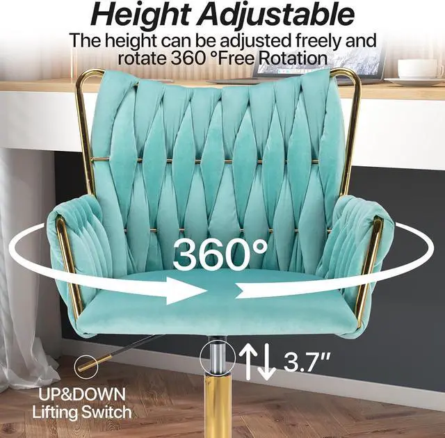Alt view image 4 of 7 - KCC Modern Velvet Home Office Desk Chair with Hand Woven Backrest, Upholstered Adjustable Makeup Vanity Chair with Armrest and Golden Metal Base with Wheels for Living Room Bedroom Study(Bule)